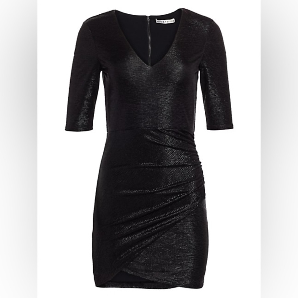 Sz 10 Alice + Olivia Judy Shimmer Ruched black dress half sleeve wrap bottom
